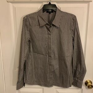 LAFAYETTE 148 NY Stripe Shimmer Button Down Long Sleeve Blouse Black Beige SZ 10